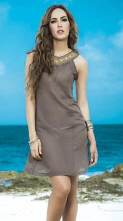 Sheer Glitter Top Beach Dress -Bikini Essence Sales Store ES 7824 Mocha Front background